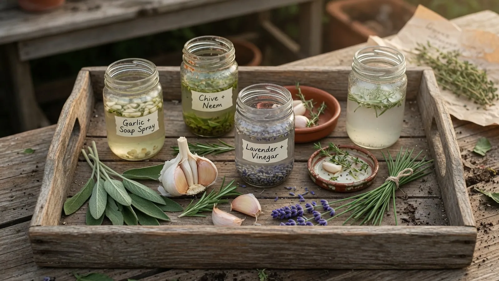 A rustic wooden tray holding small glass jars of homemade garden sprays alongside fresh botanical ingredients like garlic and herbs.