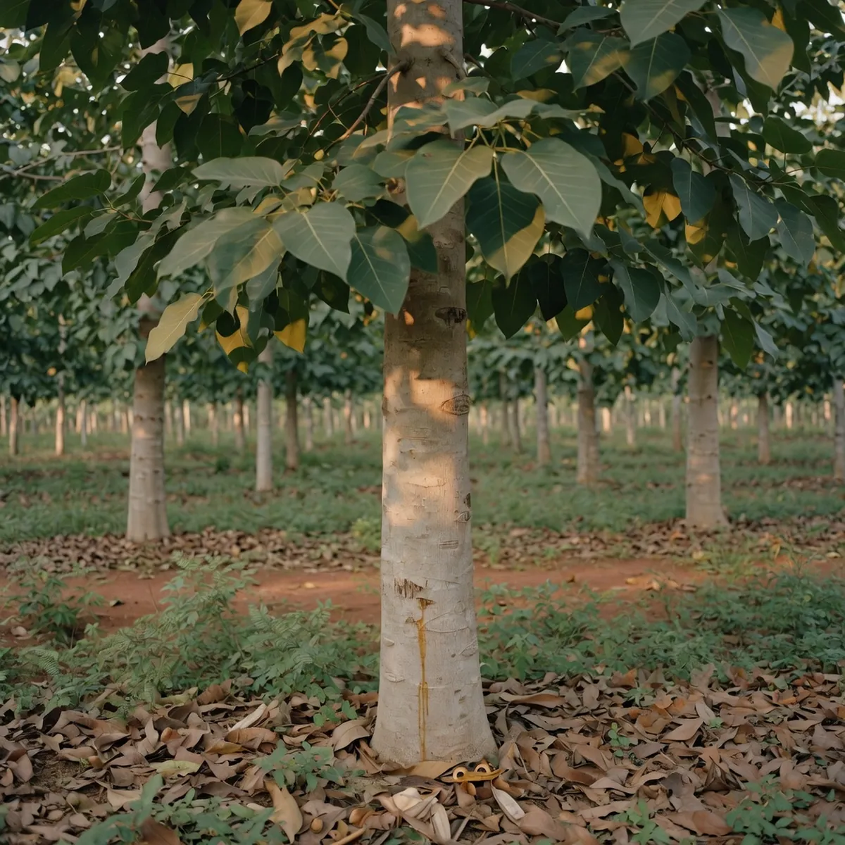 A mature rubber tree with glossy leaves and a smooth trunk in a tropical plantation.