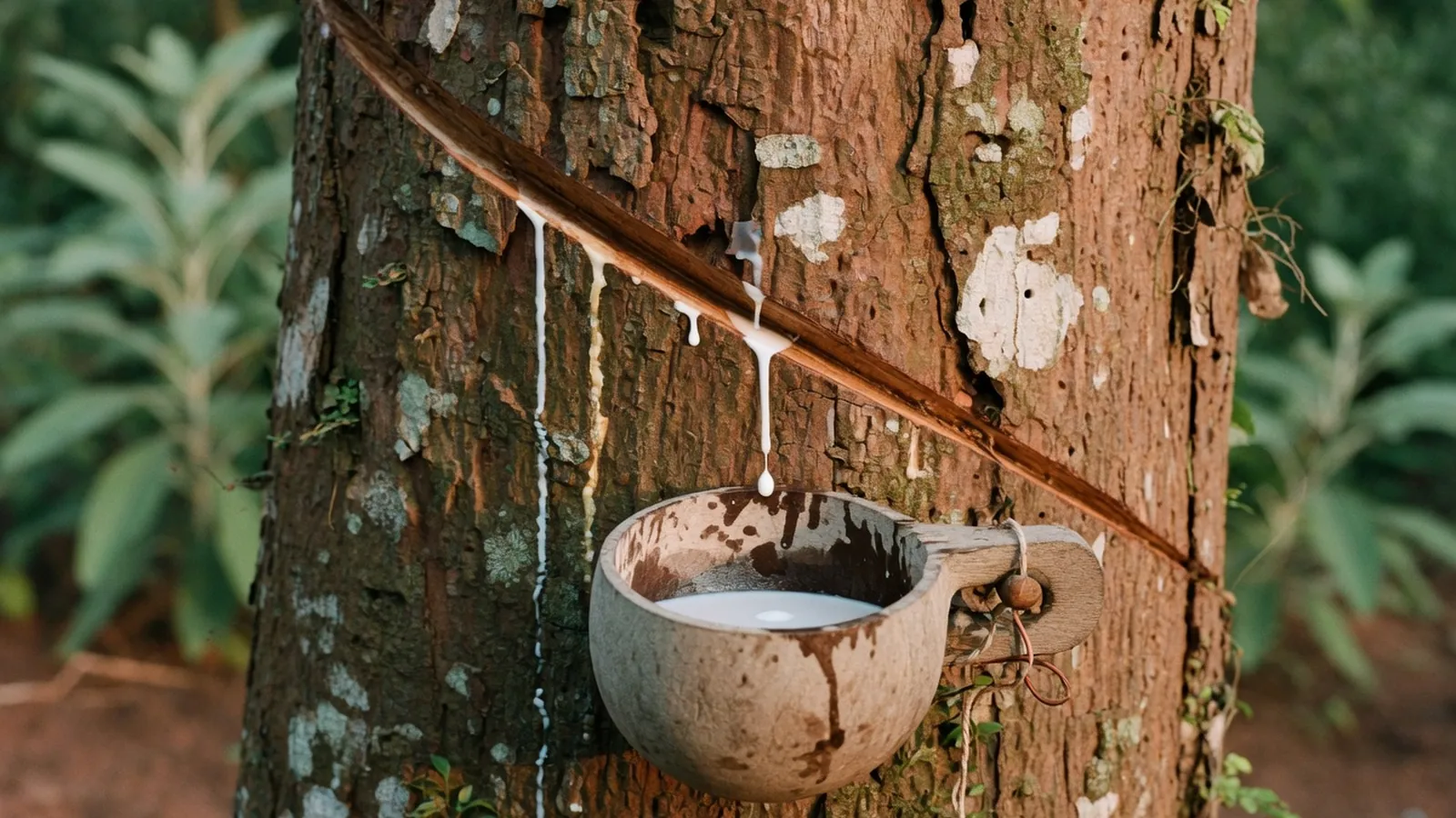 A rubber tree trunk with a collection cup catching dripping white latex sap.
