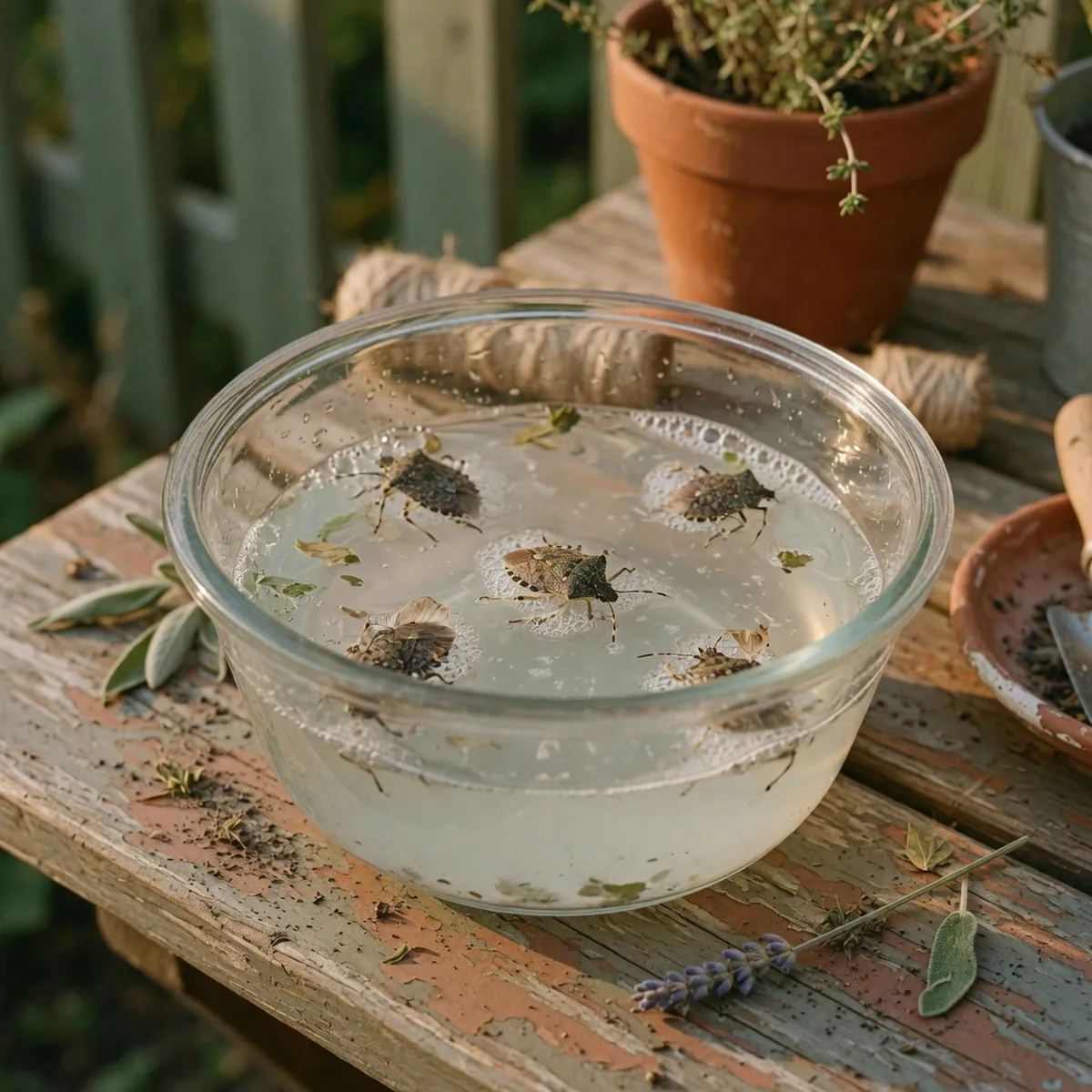 A clear glass bowl filled with soapy water containing a few fallen stink bugs.