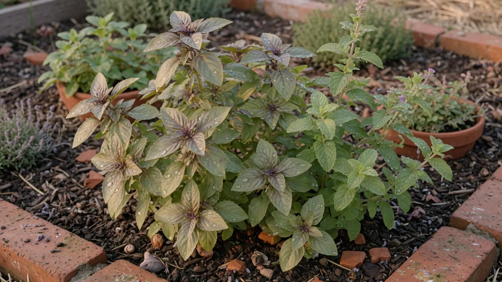 A cluster of aromatic basil and mint plants growing in a garden bed.