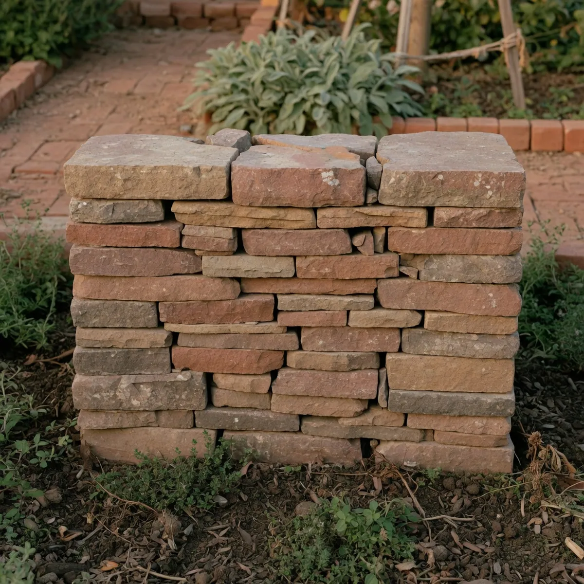 A stack of precisely cut natural stones fitted together without mortar in a garden setting.