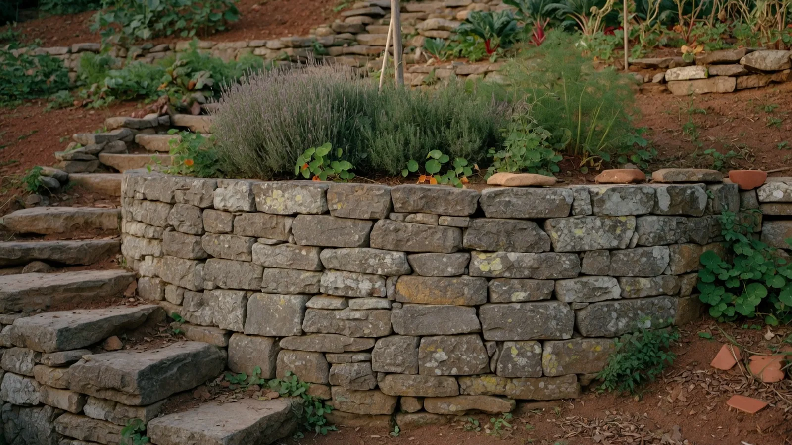 A sturdy natural stone retaining wall holding back a terraced garden slope.