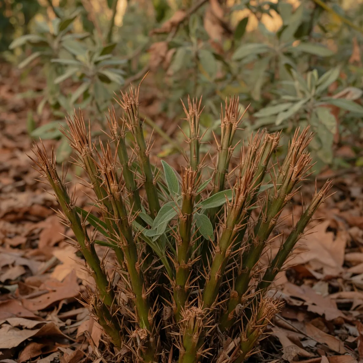 A close-up view of the needle palm's clustered stems covered in sharp brown spines.