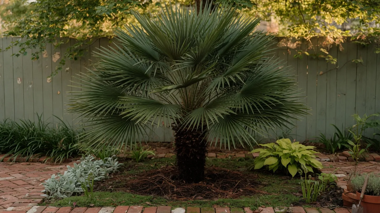 A mature needle palm tree displaying its fan-shaped leaves and clustered stems in a garden setting.