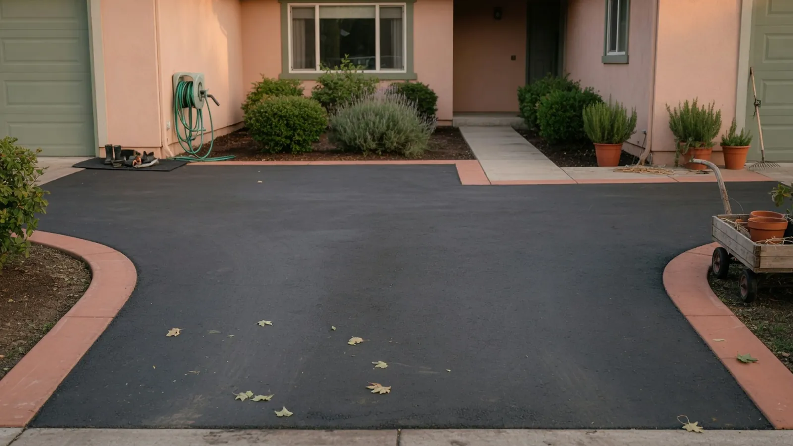 A freshly paved residential driveway leading up to a suburban home.