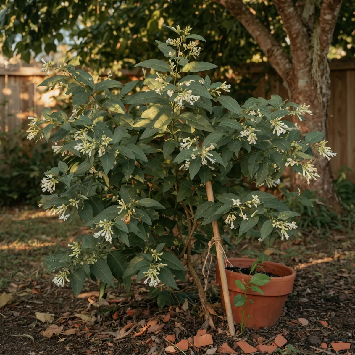 A healthy night-blooming jasmine shrub with glossy green leaves partially shaded by a nearby tree canopy.