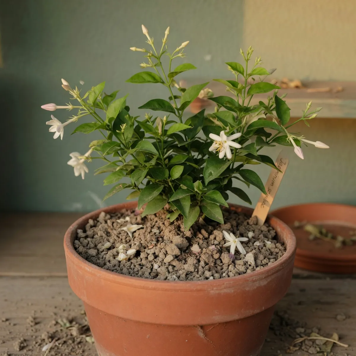 A potted night-blooming jasmine plant with dry, crumbly soil surface and vibrant green foliage.