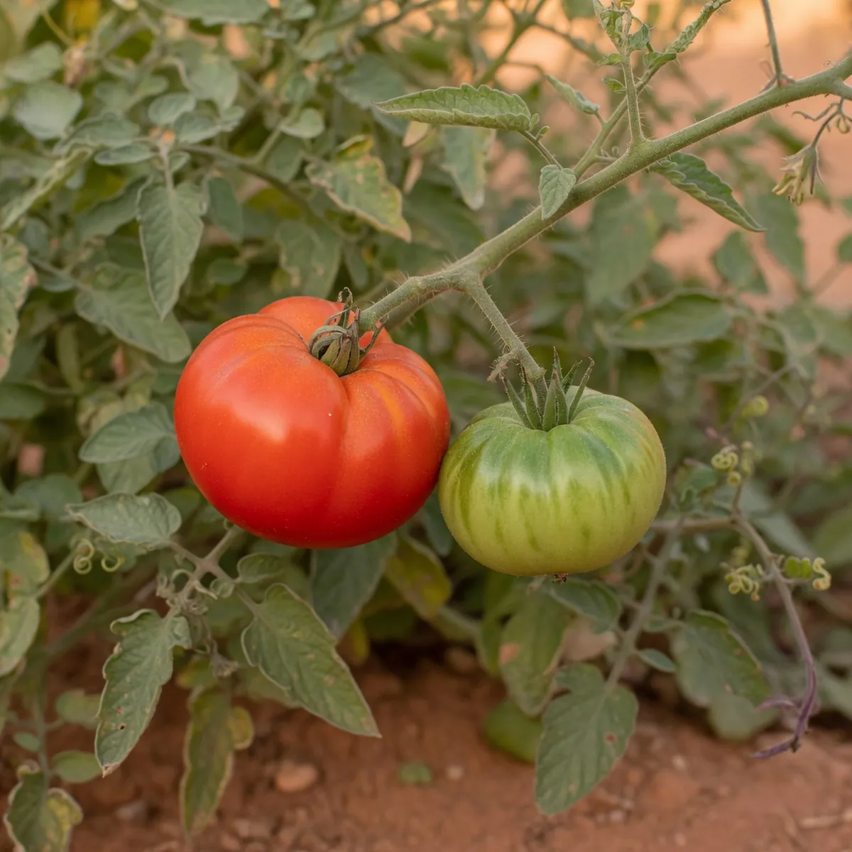 A ripe red tomato and an unripe green tomato hanging from a vine among green foliage.