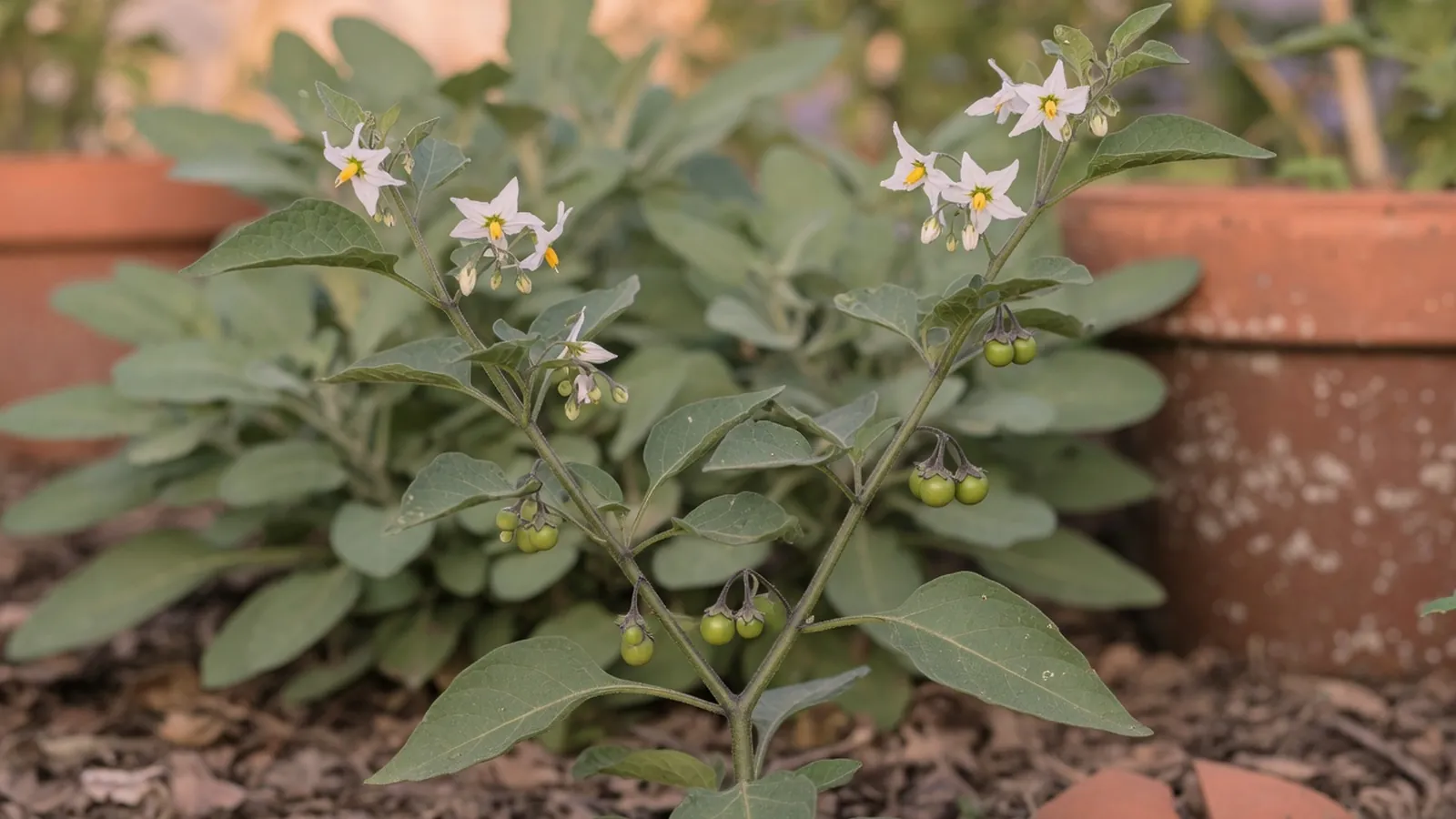 A nightshade plant displaying delicate white star-shaped flowers alongside small green berries on a leafy stem.