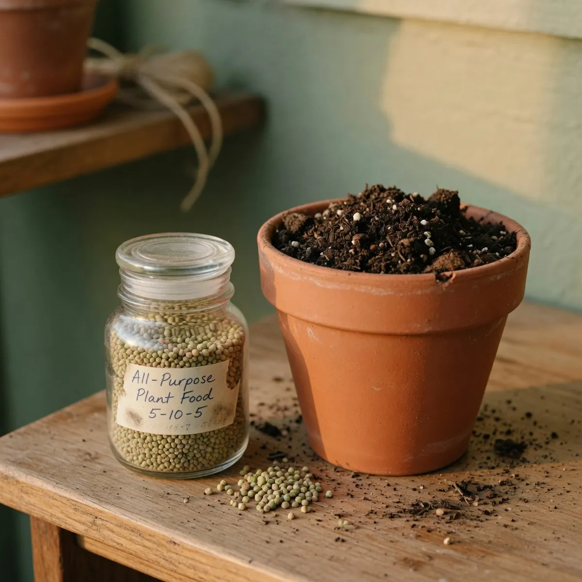 A container of granular plant fertilizer placed next to a potted plant.