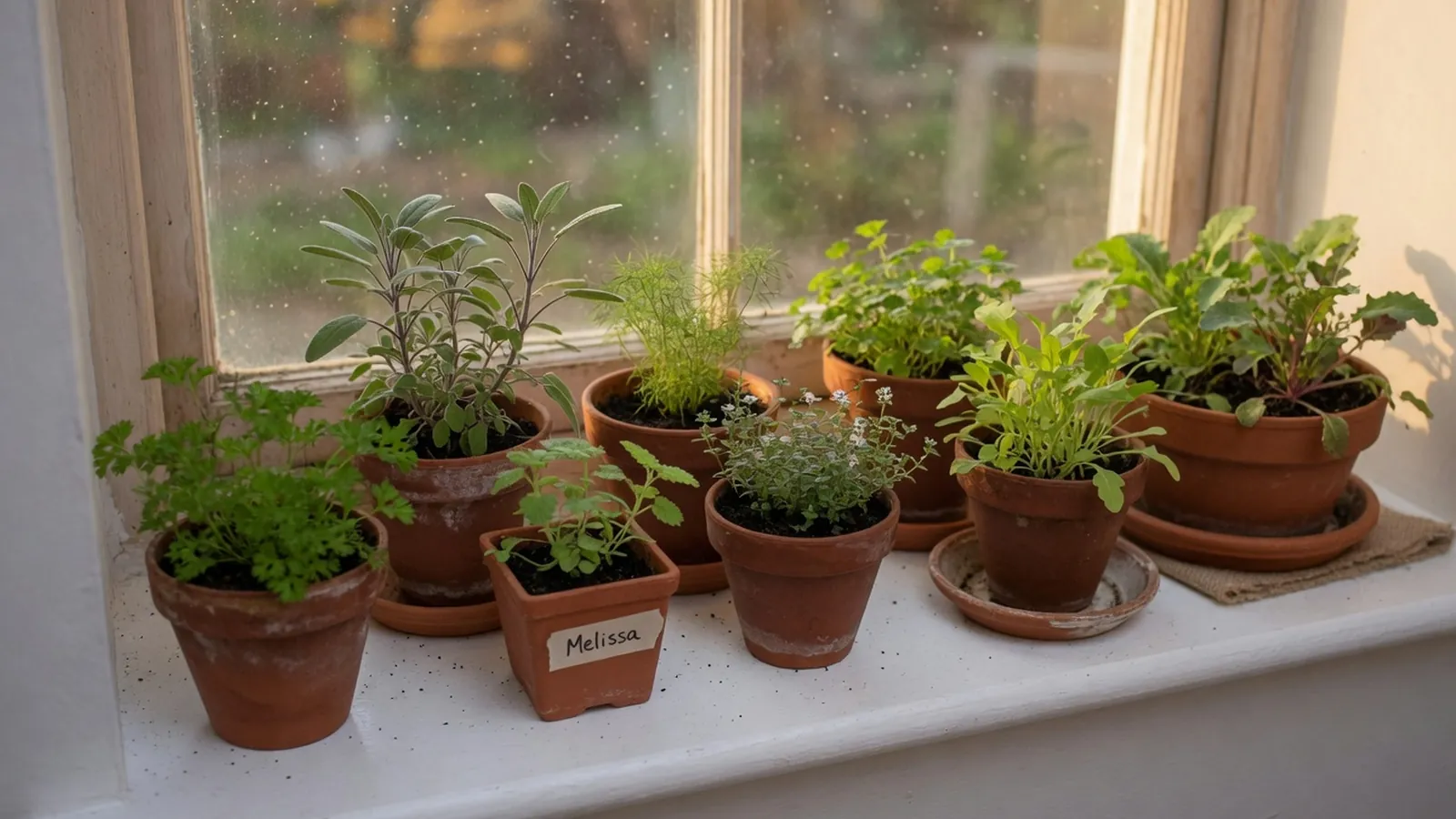 A bright windowsill lined with various small potted plants thriving indoors.