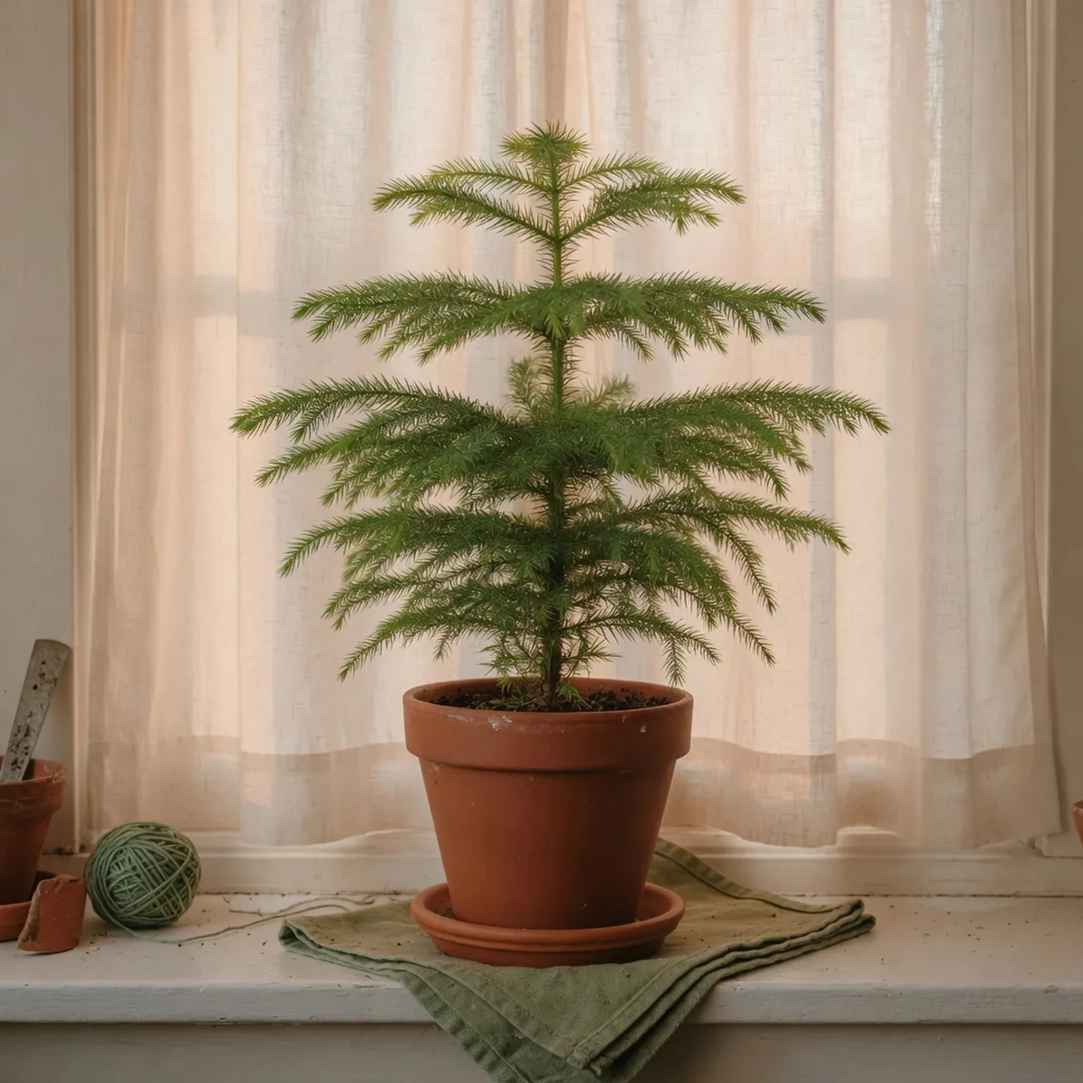 A healthy Norfolk Island pine in a ceramic pot on a bright windowsill.