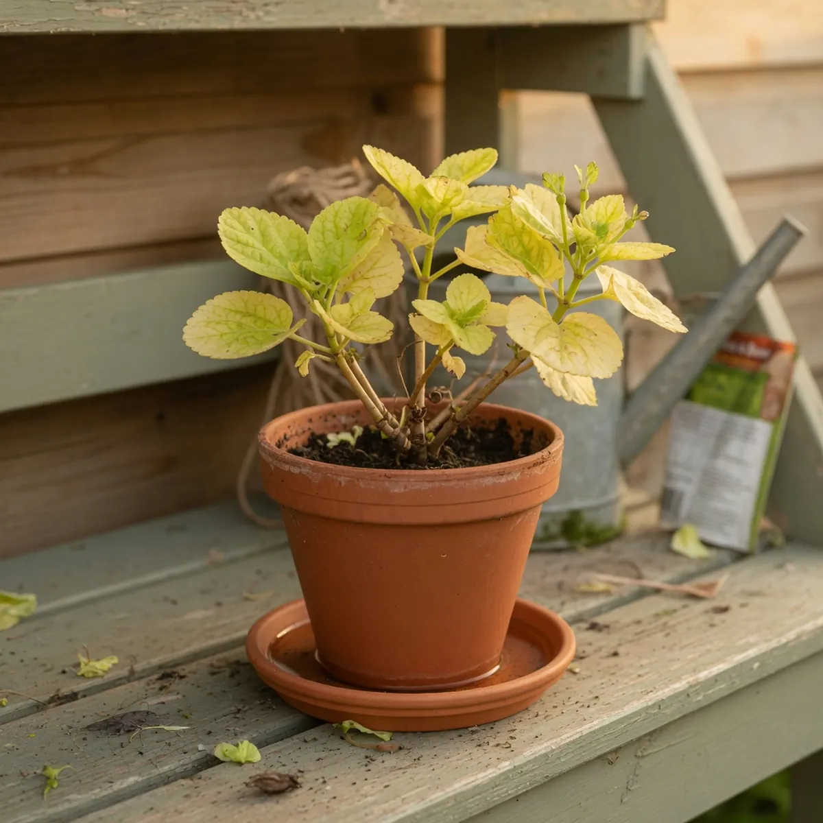 A garden plant displaying pale yellow leaves and stunted growth due to nutrient deficiency.