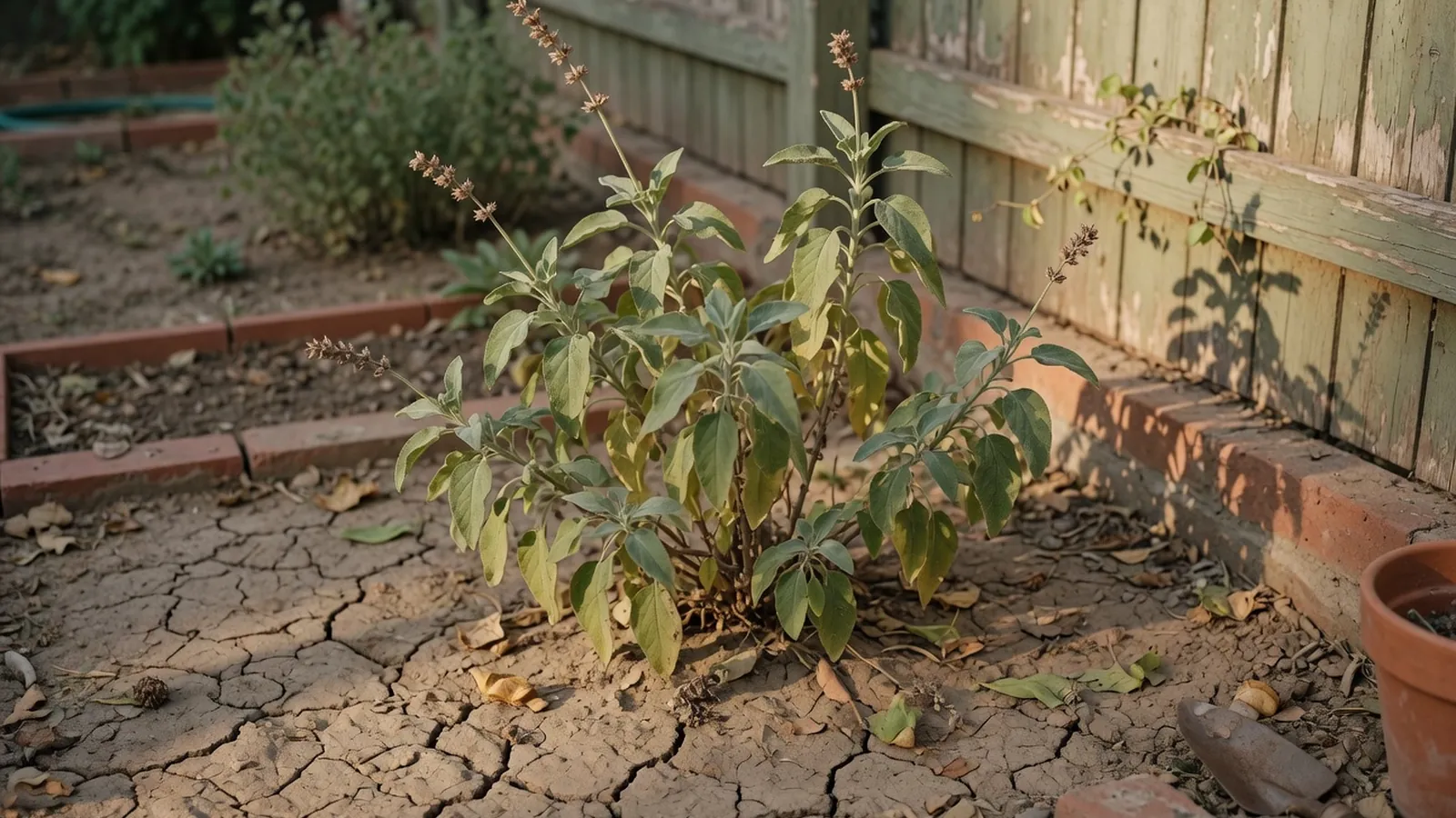 A garden plant showing clear signs of environmental stress with slightly wilted leaves and dry soil.