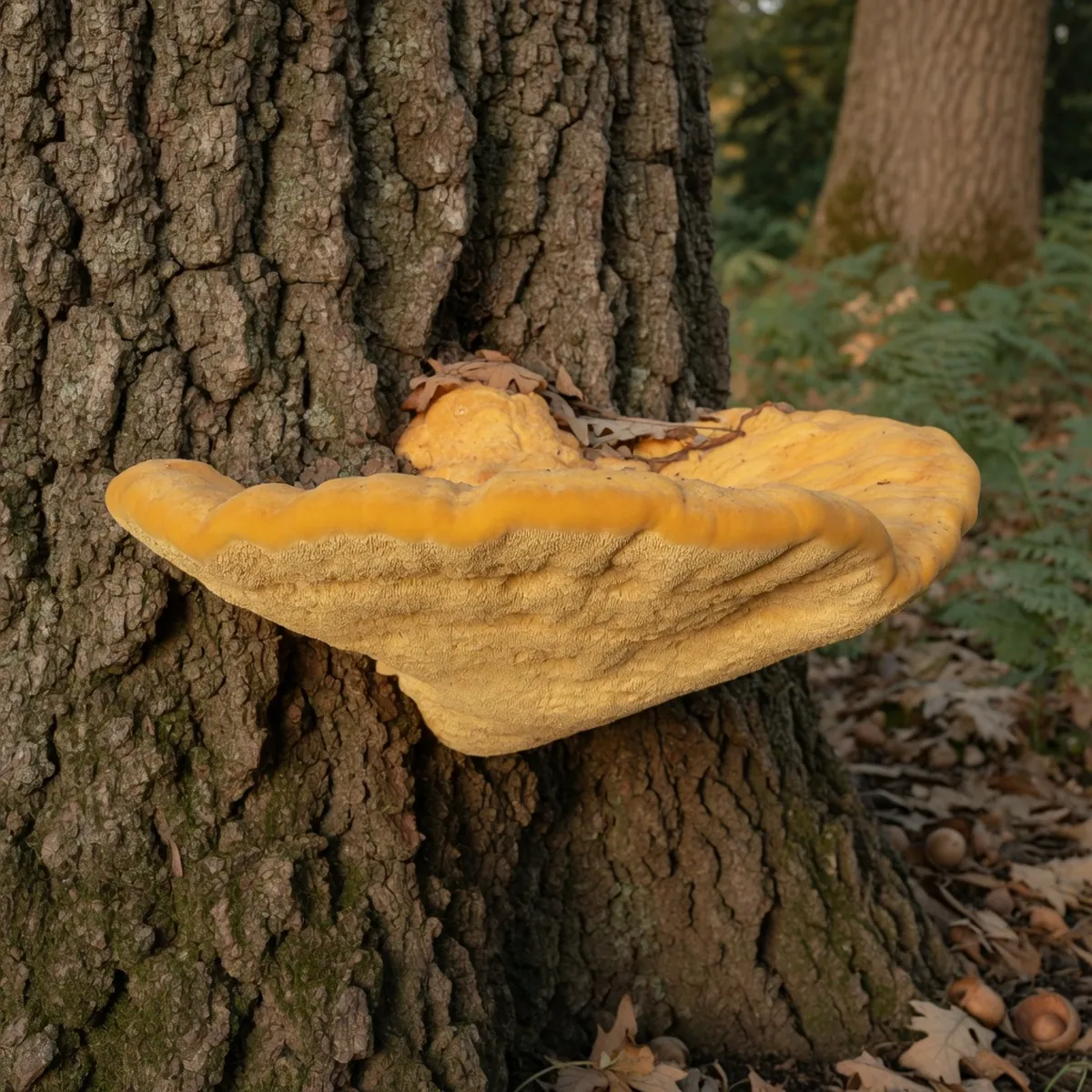 A golden-yellow bracket fungus with a porous underside growing on an oak tree trunk.