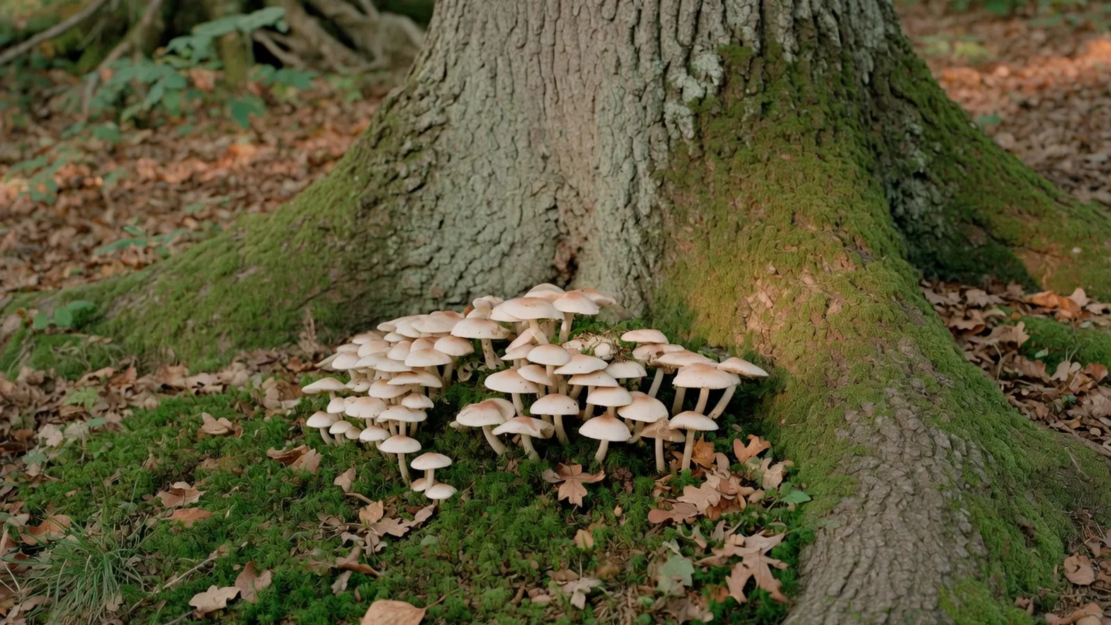 Small pale mushrooms growing at the base of a mature oak tree in a forest.