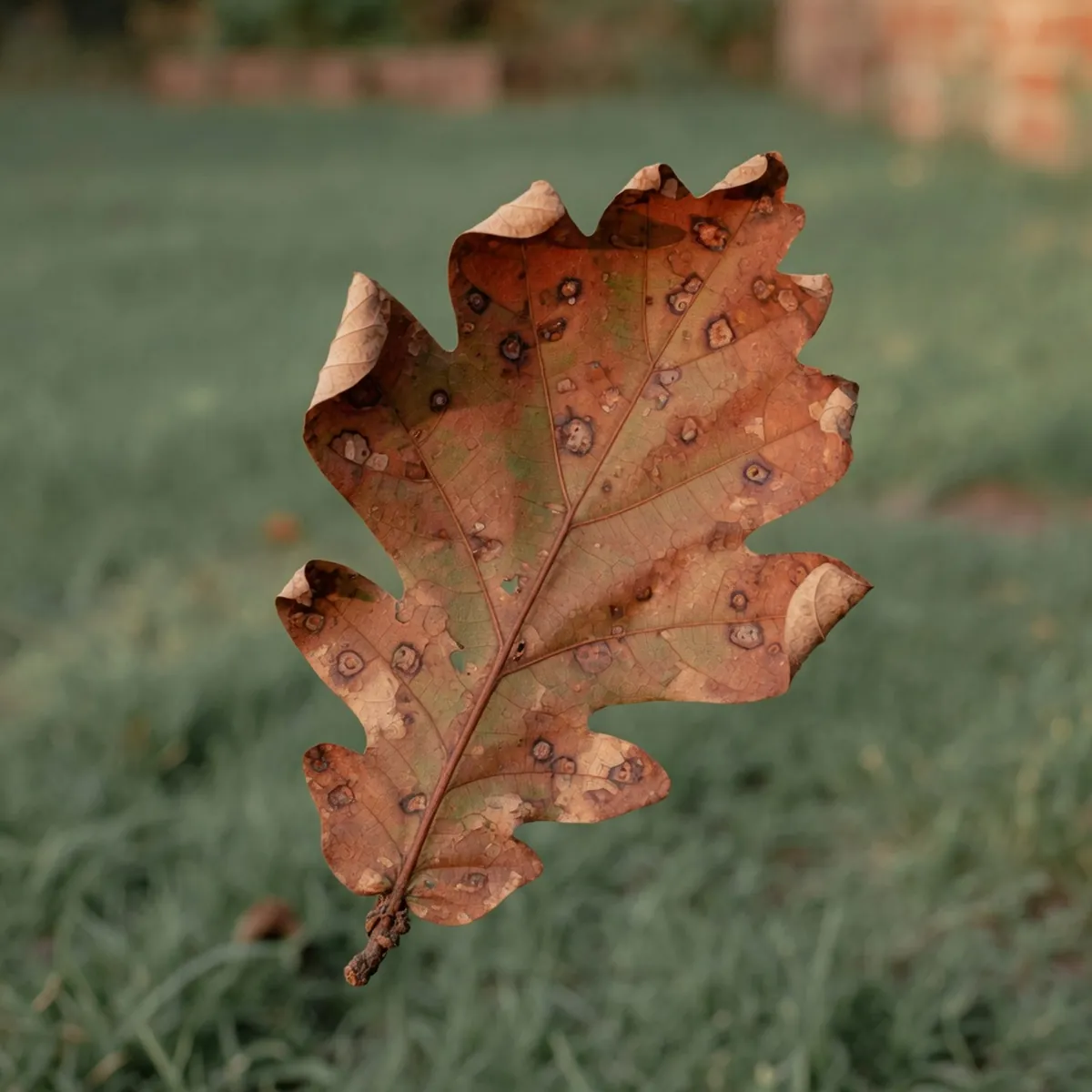 An oak leaf displaying brown spots and curled edges against a blurred green background.