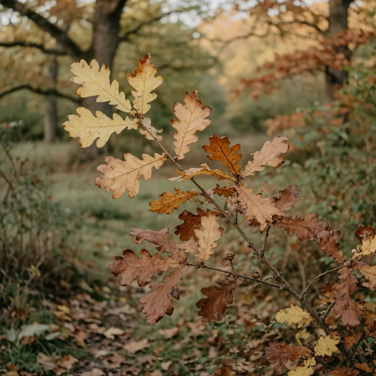 A cluster of yellowing oak leaves transitioning to brown with curled, drying edges against a soft green canopy.