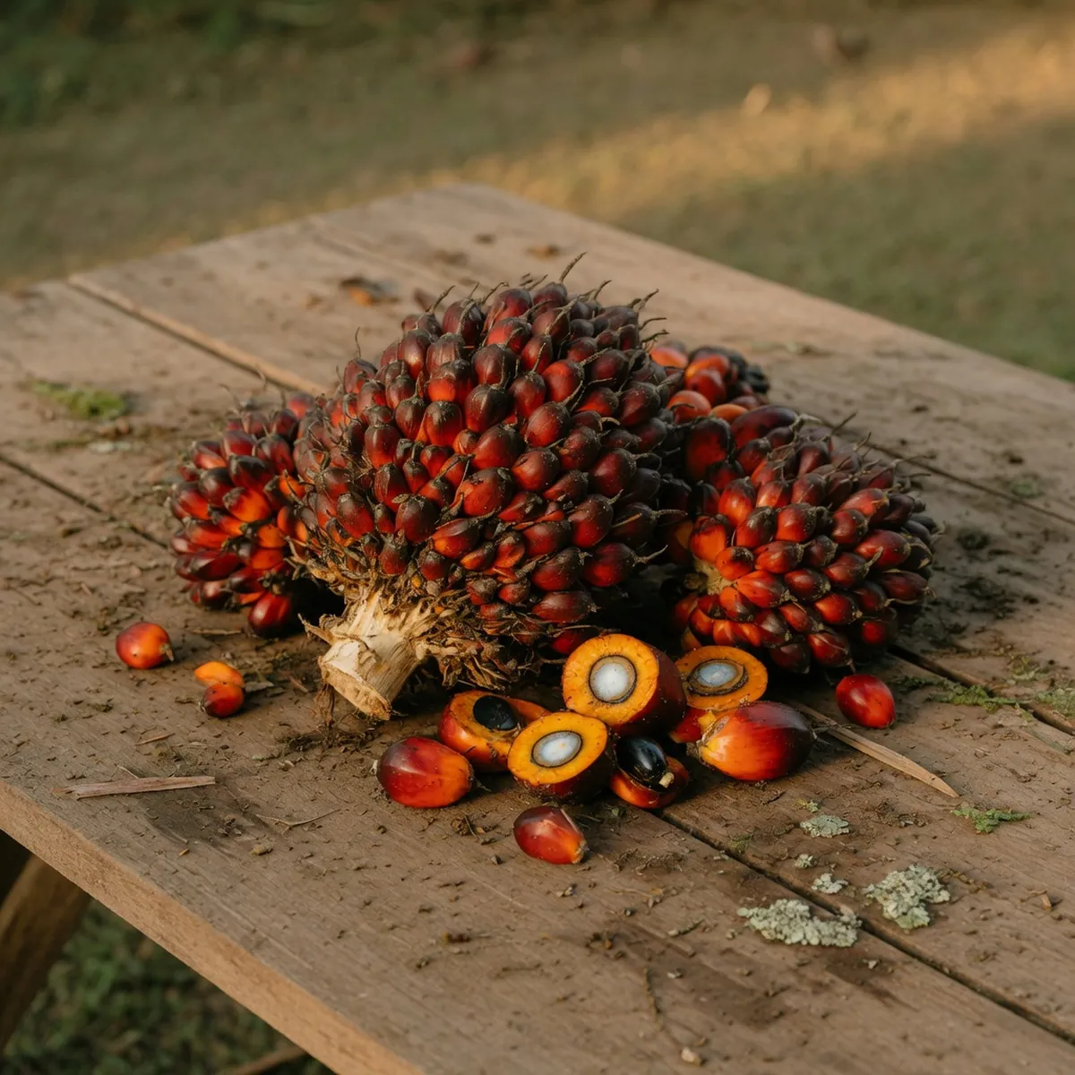 Freshly harvested oil palm fruit bunches showing their characteristic deep red-orange color and inner kernels.