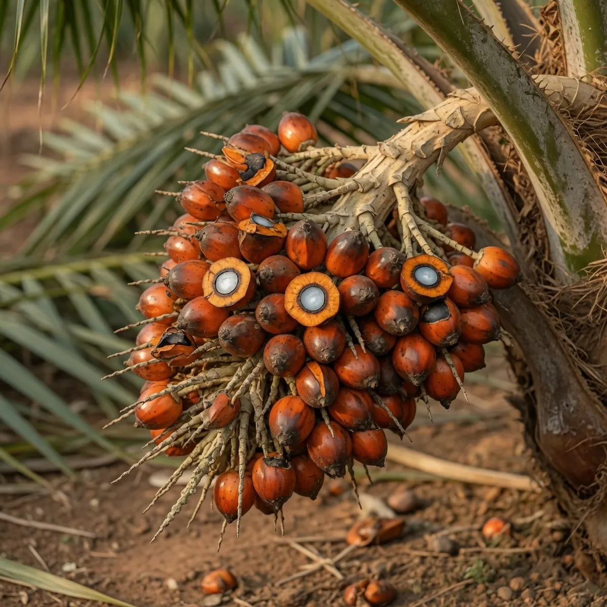 A single oil palm fruit cluster attached to a branch showing dense oval-shaped fruits.