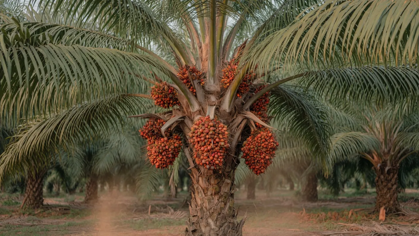 A mature oil palm tree standing tall in a sunlit plantation with heavy clusters of reddish-orange fruit.