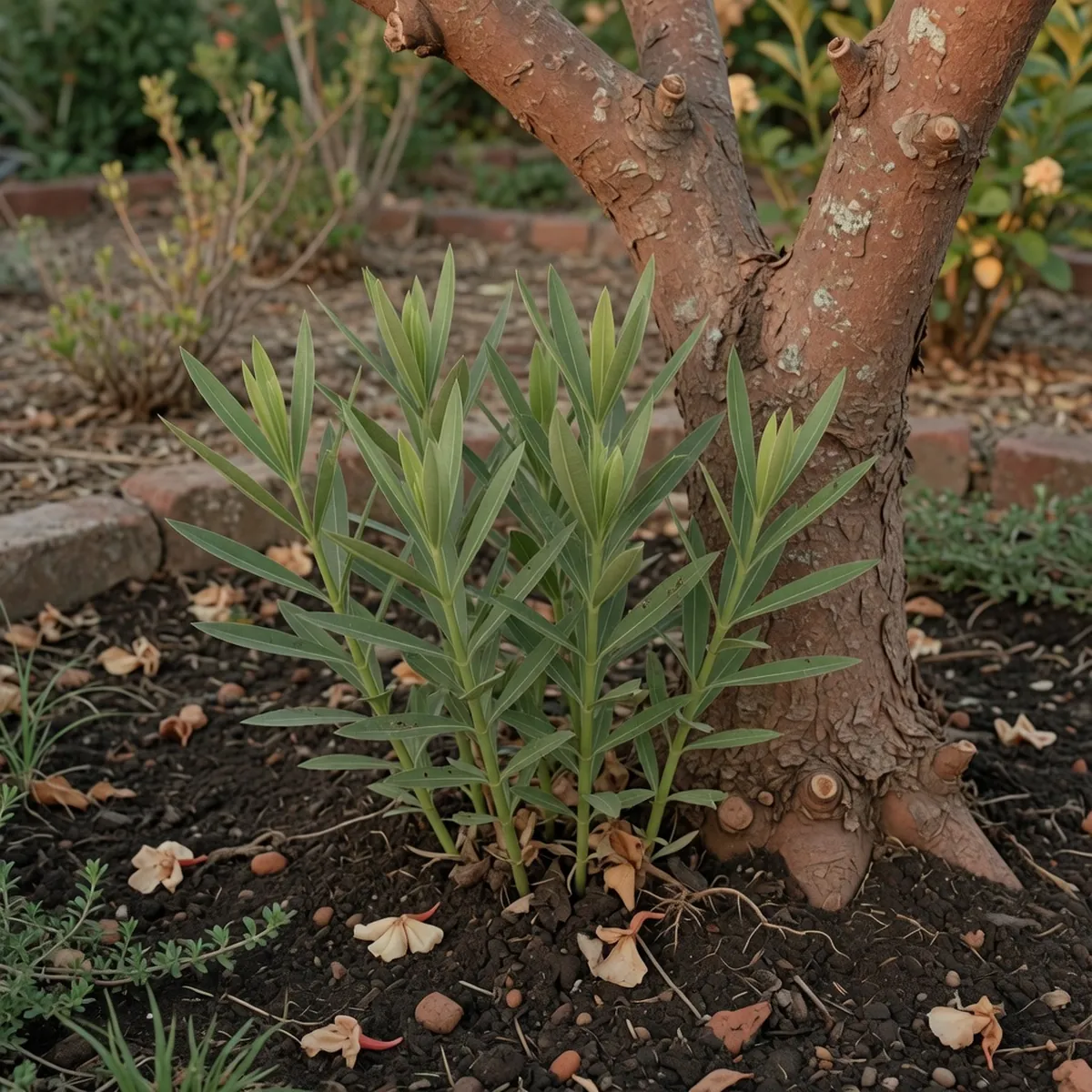 A cluster of green oleander suckers emerging from dark soil at the base of a woody trunk.