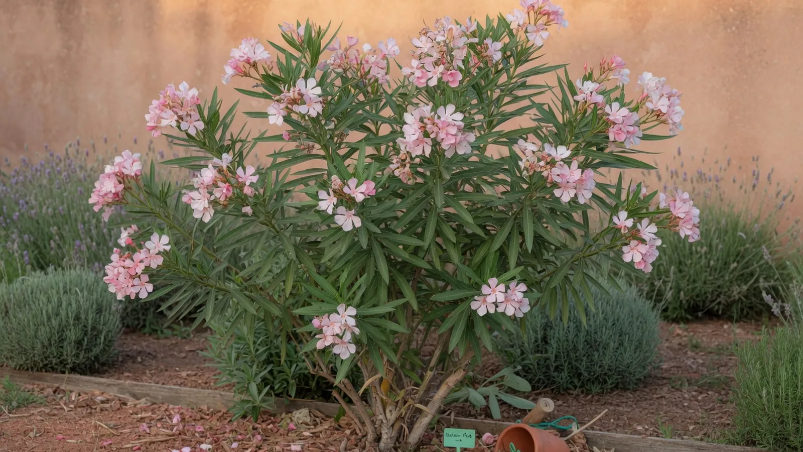 A mature oleander shrub displaying vibrant pink and white blossoms against lush green foliage.