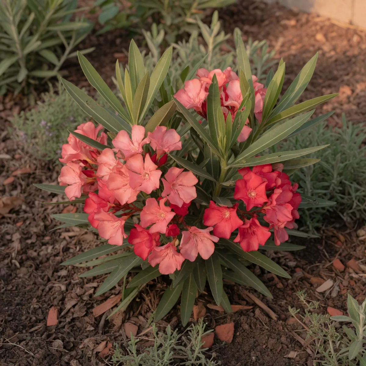 A cluster of vibrant oleander blossoms in shades of pink and red surrounded by long green leaves.