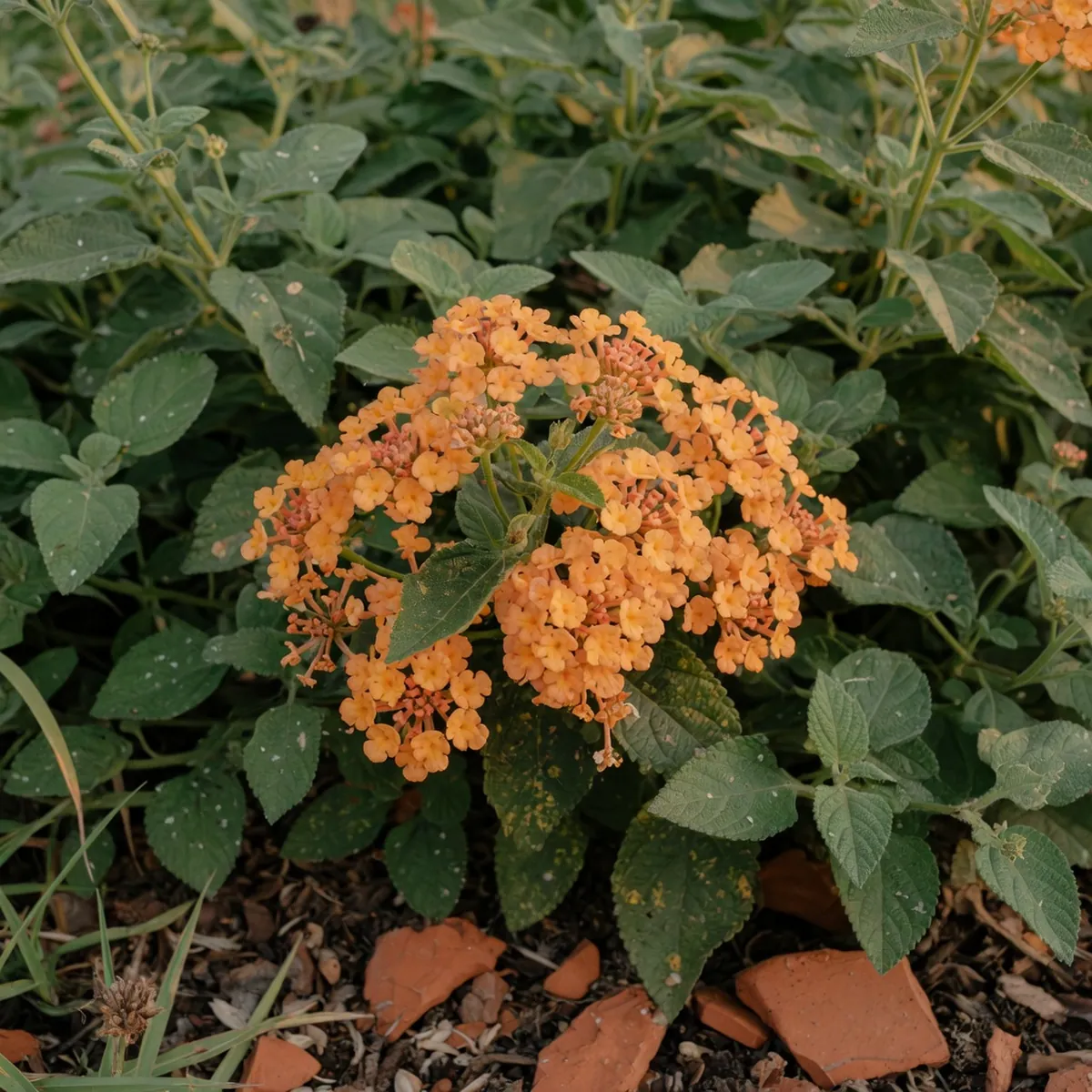 A dense cluster of small orange Lantana blossoms surrounded by textured green foliage in a sunlit garden bed.
