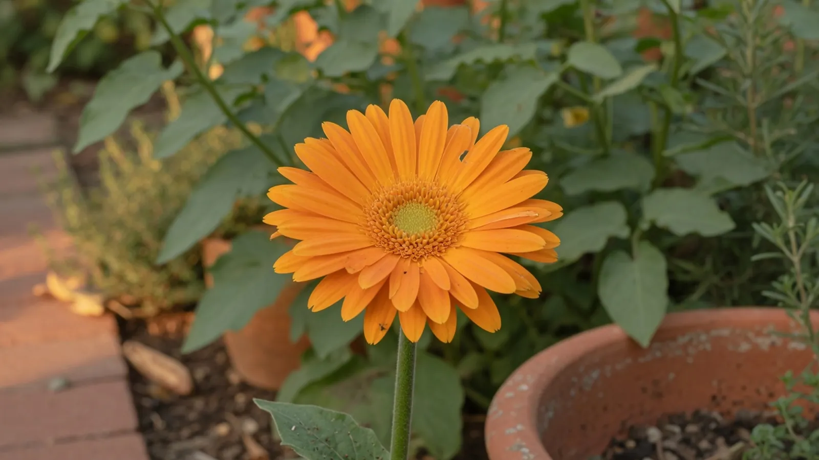 A single vibrant orange Gerbera daisy in full bloom against a soft-focus green garden background.