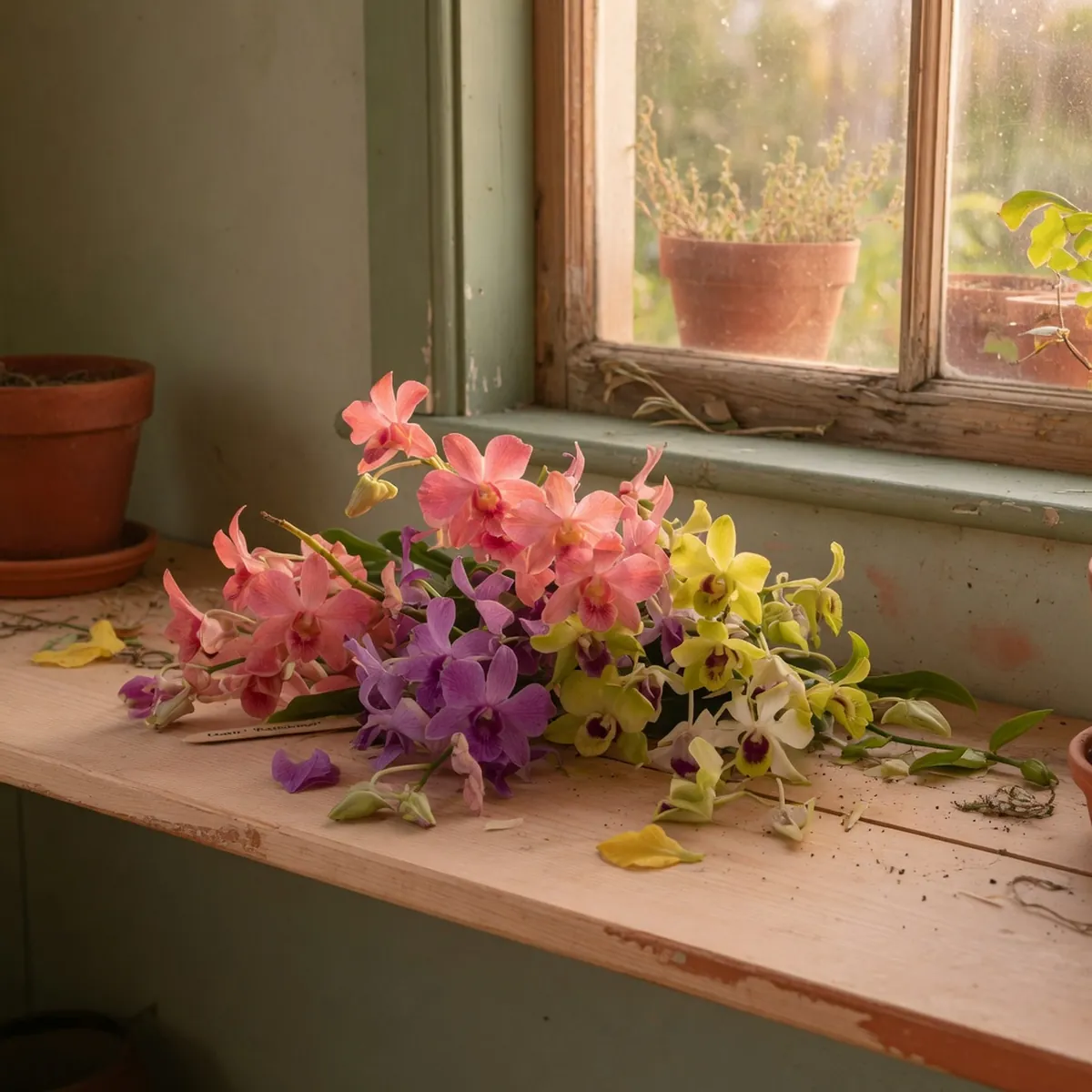 A cluster of Dendrobium orchid blooms in shades of pink, green, yellow, and purple resting on a light wooden shelf.