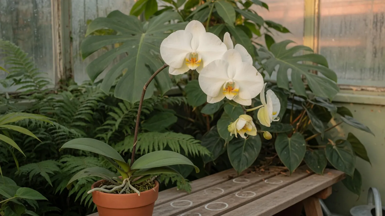 A single elegant Phalaenopsis orchid with soft white petals and a yellow center blooming against lush green foliage.