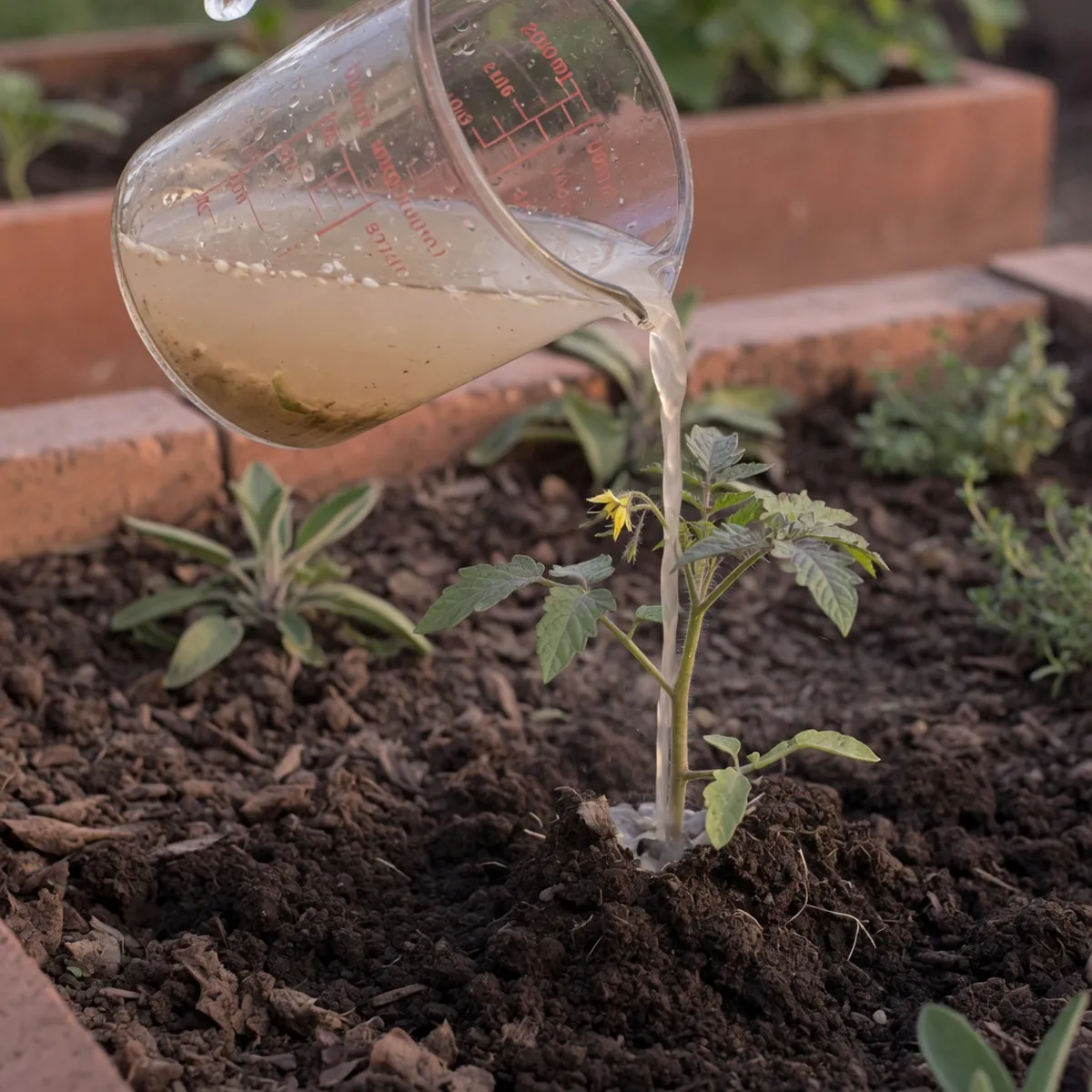 A clear glass measuring jug pouring liquid fertilizer into the soil around the base of a young tomato plant.