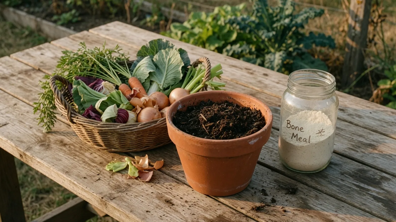 A rustic wooden table outdoors displaying a small terracotta pot with rich compost, a glass jar of bone meal powder, and a woven basket filled with fresh vegetable scraps.