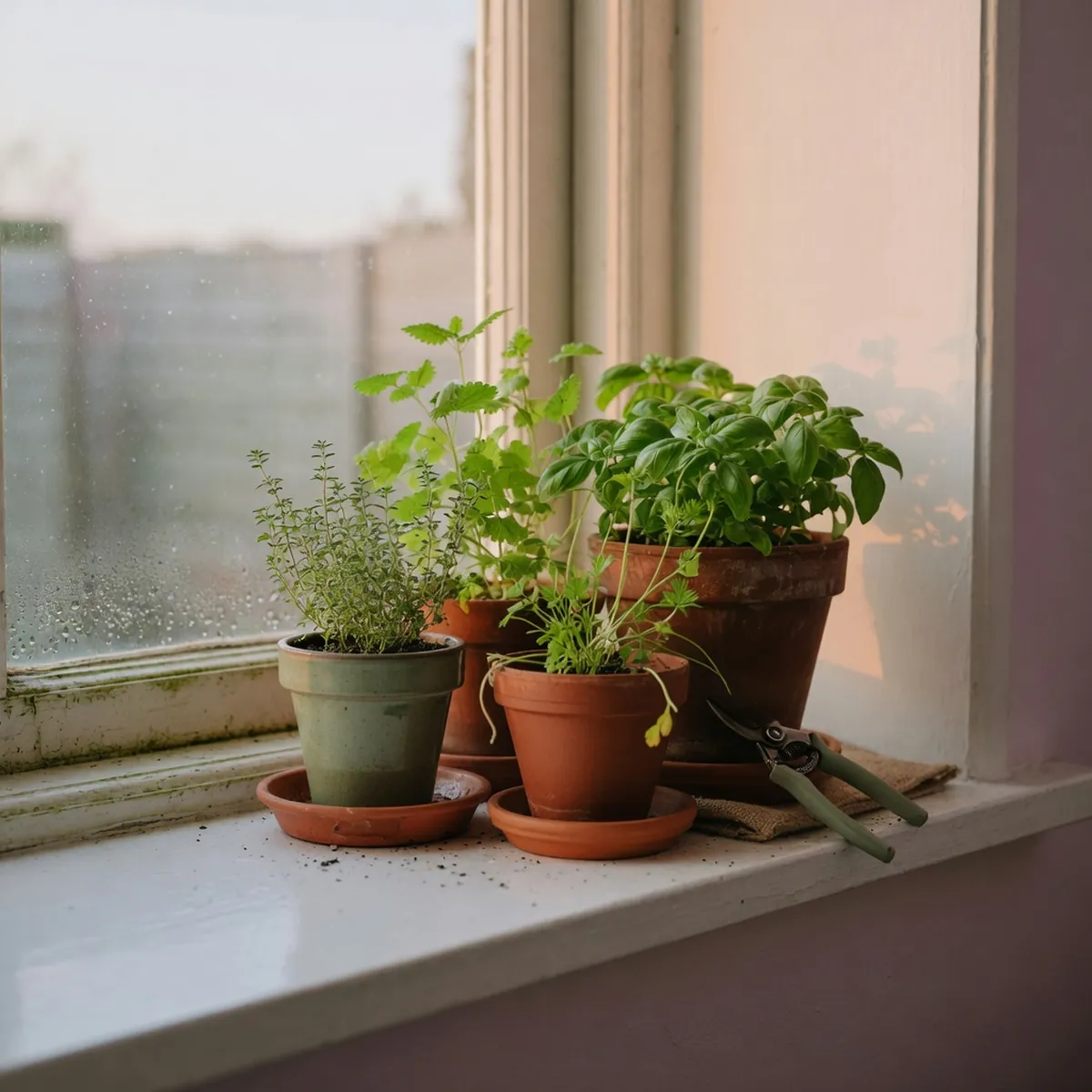 A compact arrangement of potted herbs thriving on a bright windowsill.