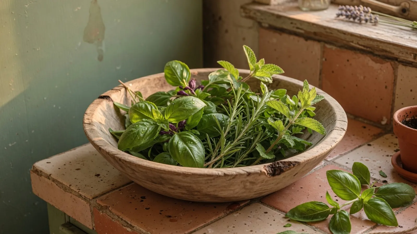 A collection of fresh green herbs arranged naturally in a shallow wooden bowl on a sunlit surface.