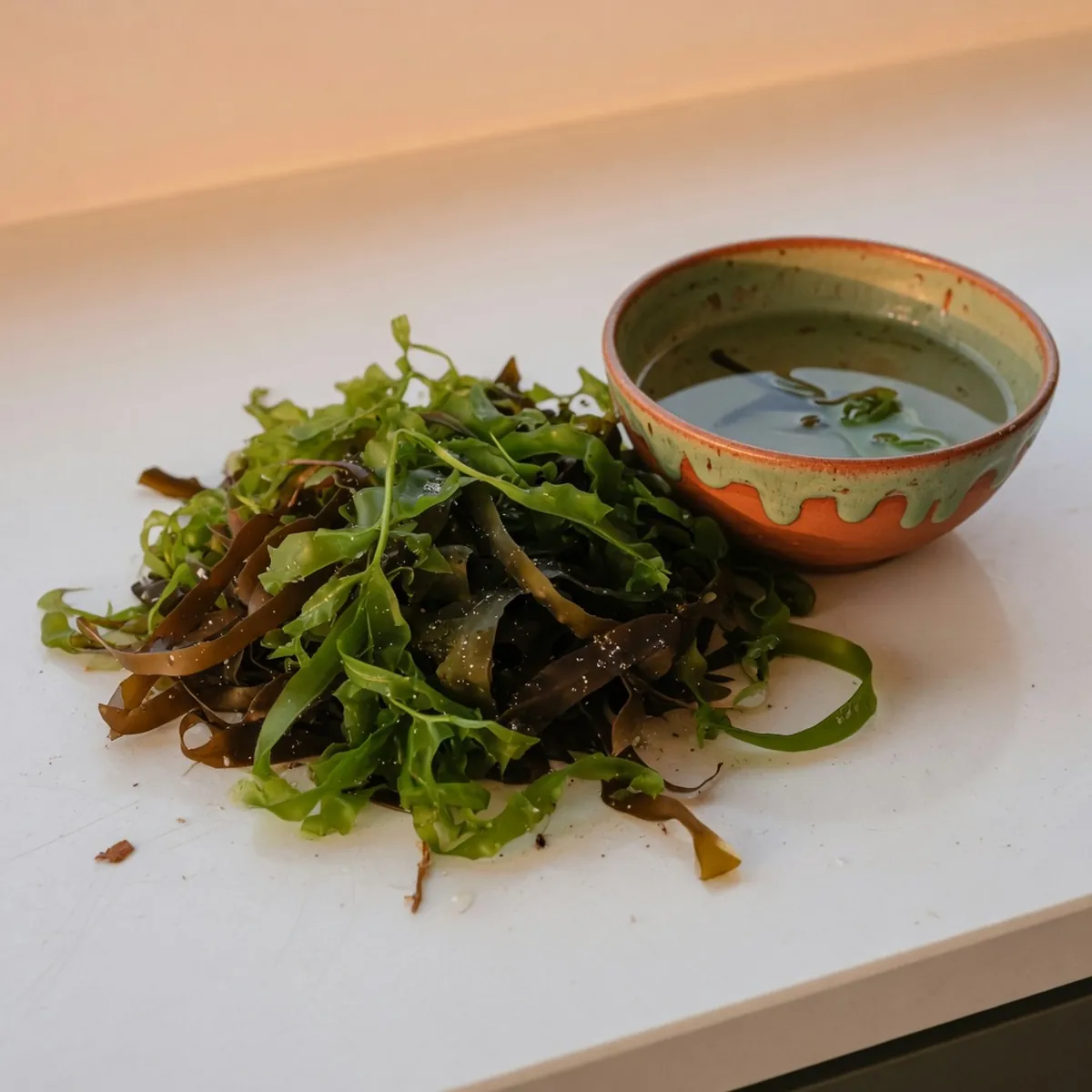 Freshly collected seaweed fronds resting on a clean white countertop beside a ceramic bowl of clear water.