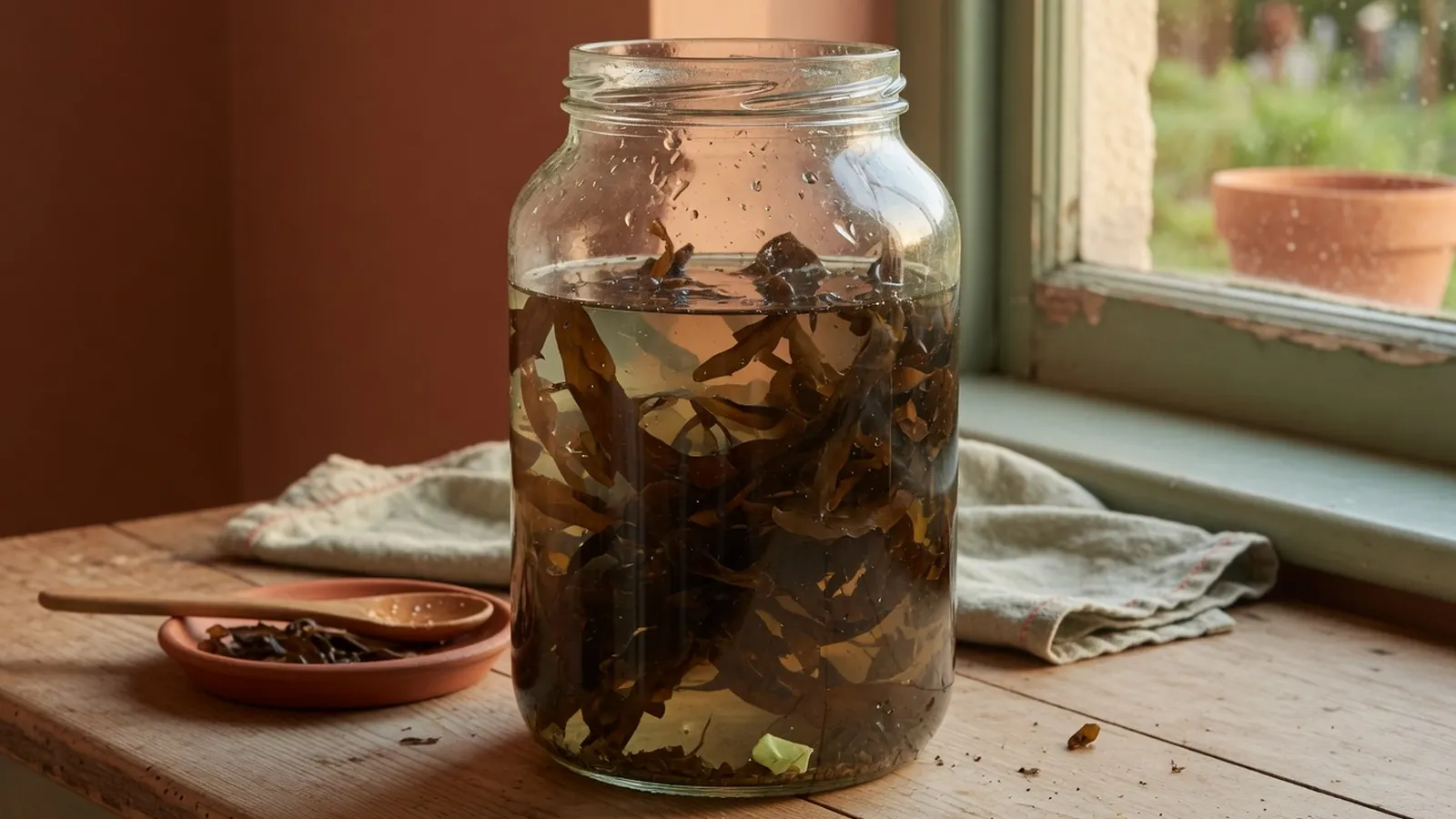 A clear glass jar filled with dark brown seaweed soaking in water on a wooden surface.