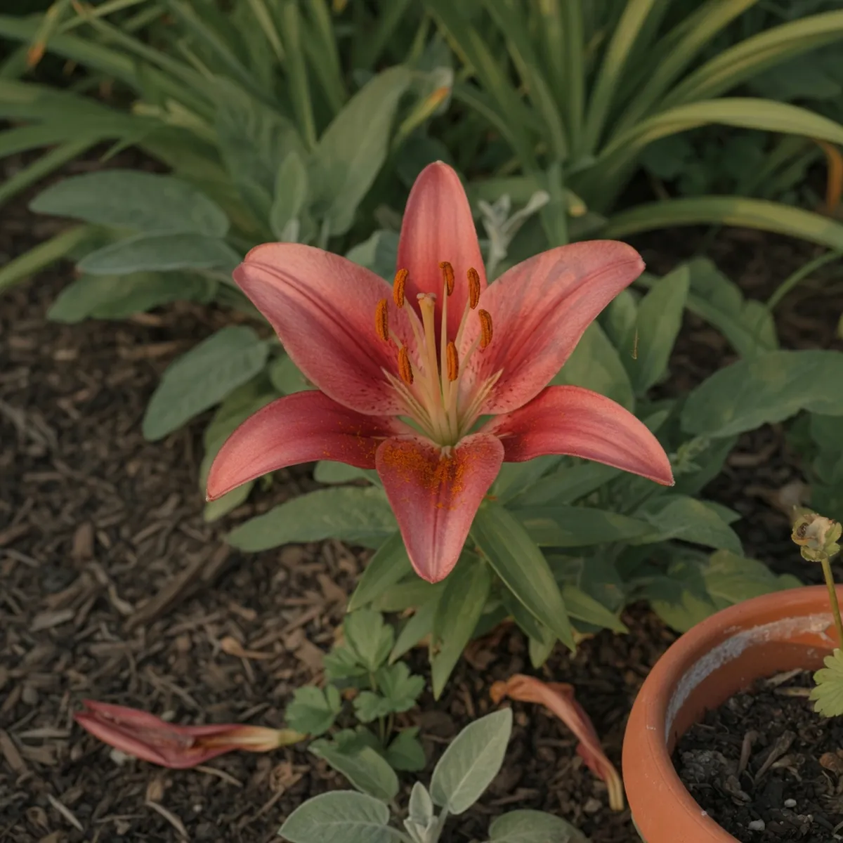 A close-up of an open oriental lily flower displaying its six prominent pollen-covered anthers.