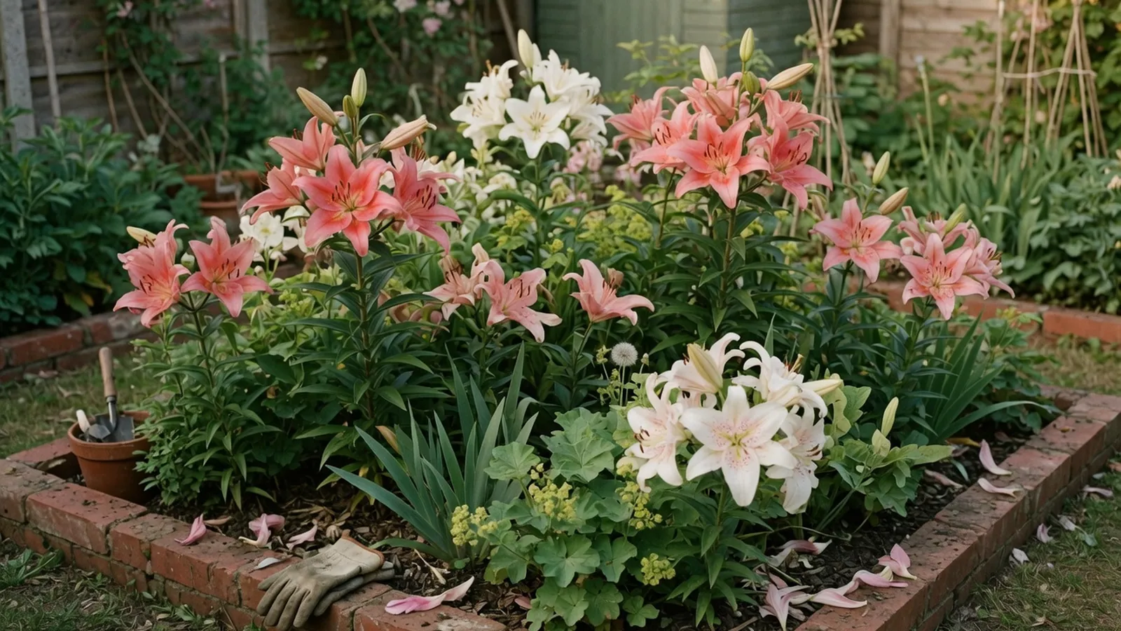 A vibrant cluster of oriental lilies in full bloom within a sunlit garden bed.