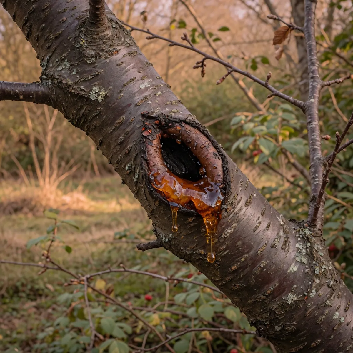 A cherry tree branch displaying a dark bark depression with oozing amber resin.