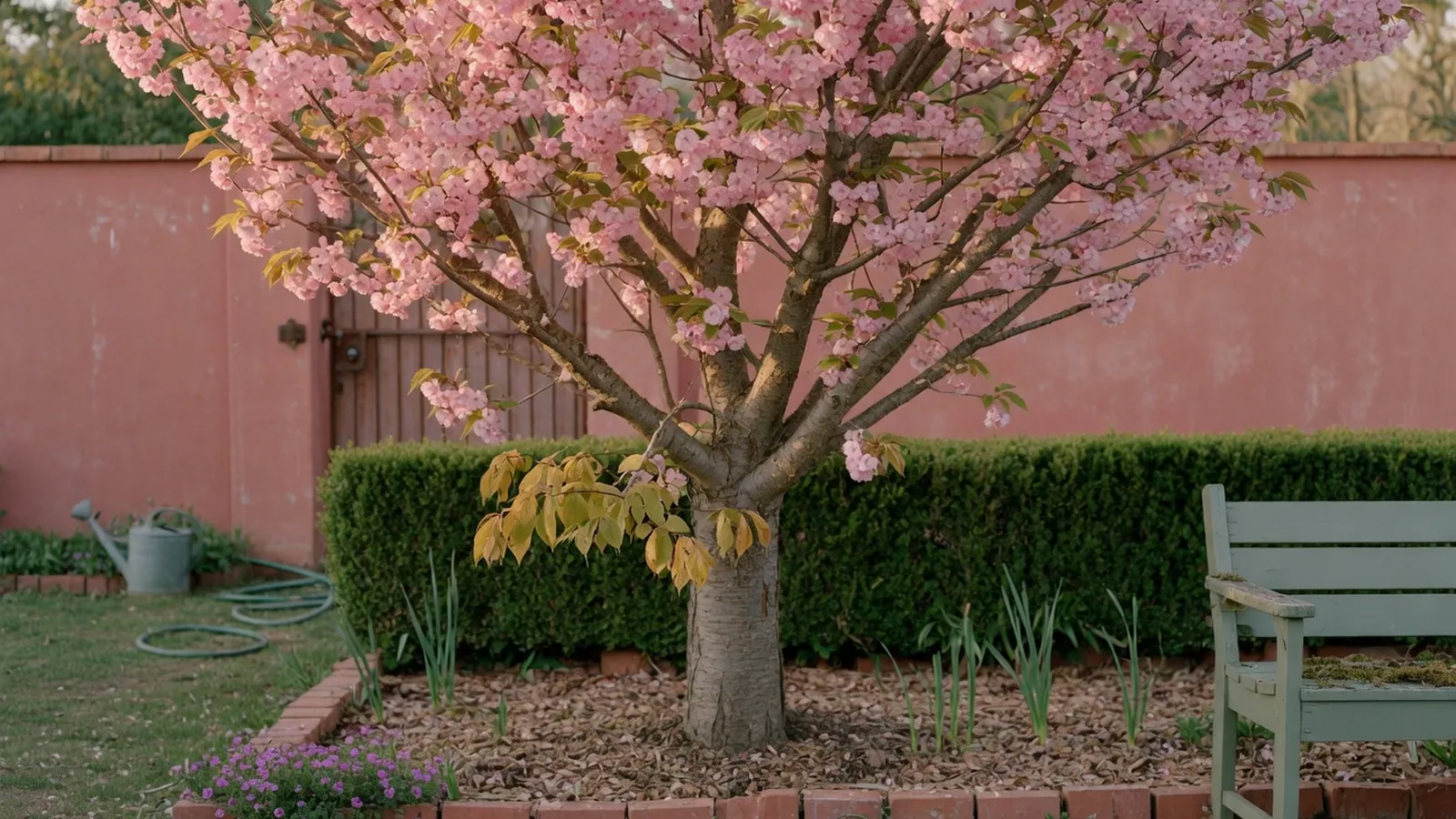 A pink-blossomed ornamental cherry tree standing in a quiet garden during spring.