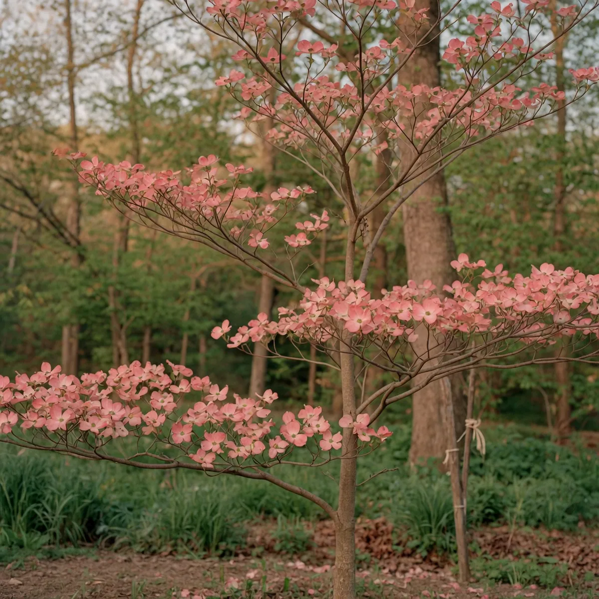 A dogwood tree displaying its distinctive horizontal branching structure and pink blossoms.
