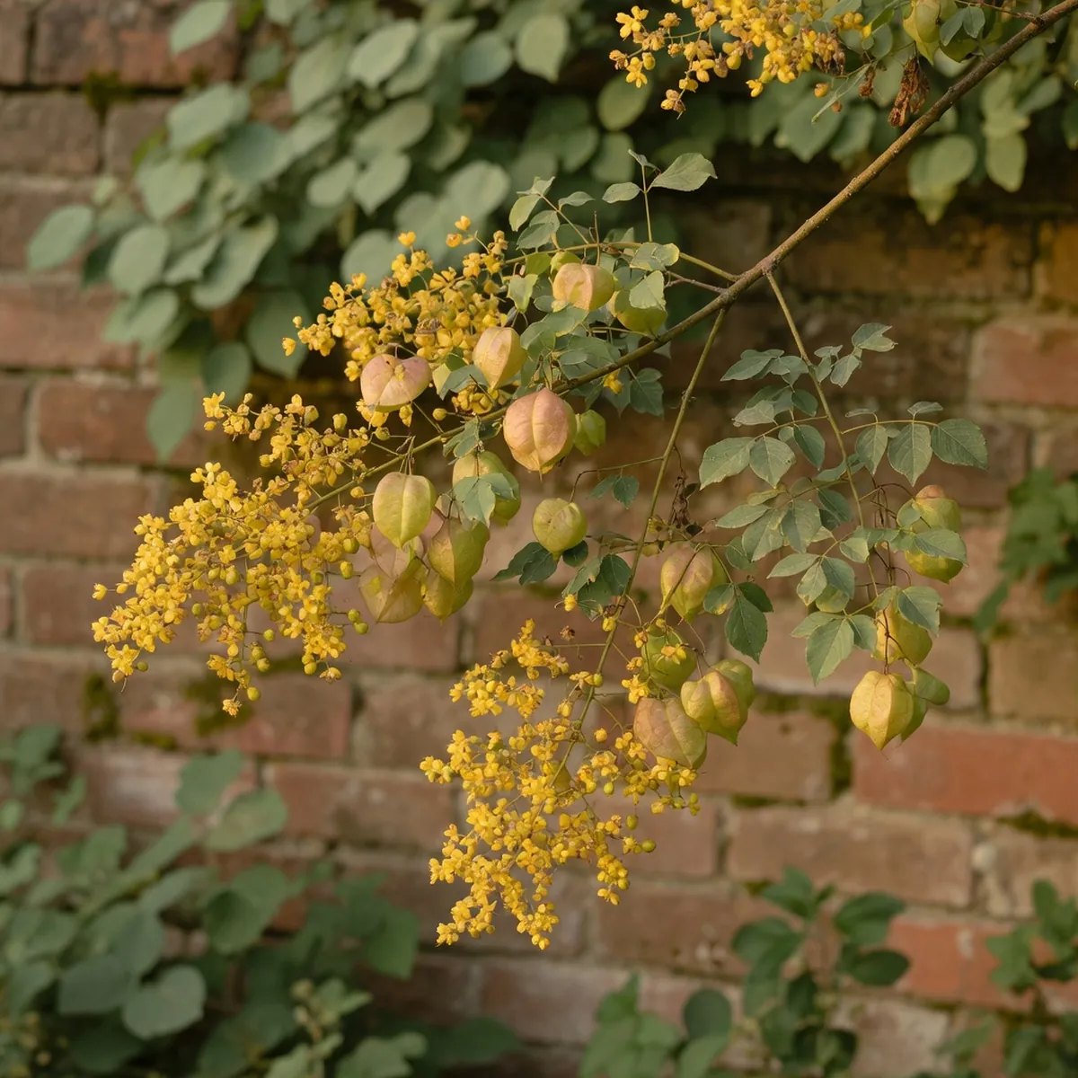 A goldenrain tree branch heavy with golden yellow flower clusters and developing seed pods.