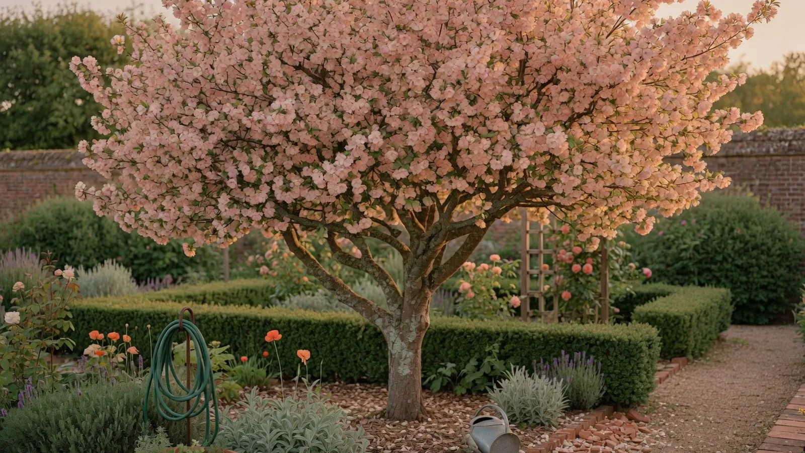 A mature ornamental flowering tree in full bloom within a landscaped garden.