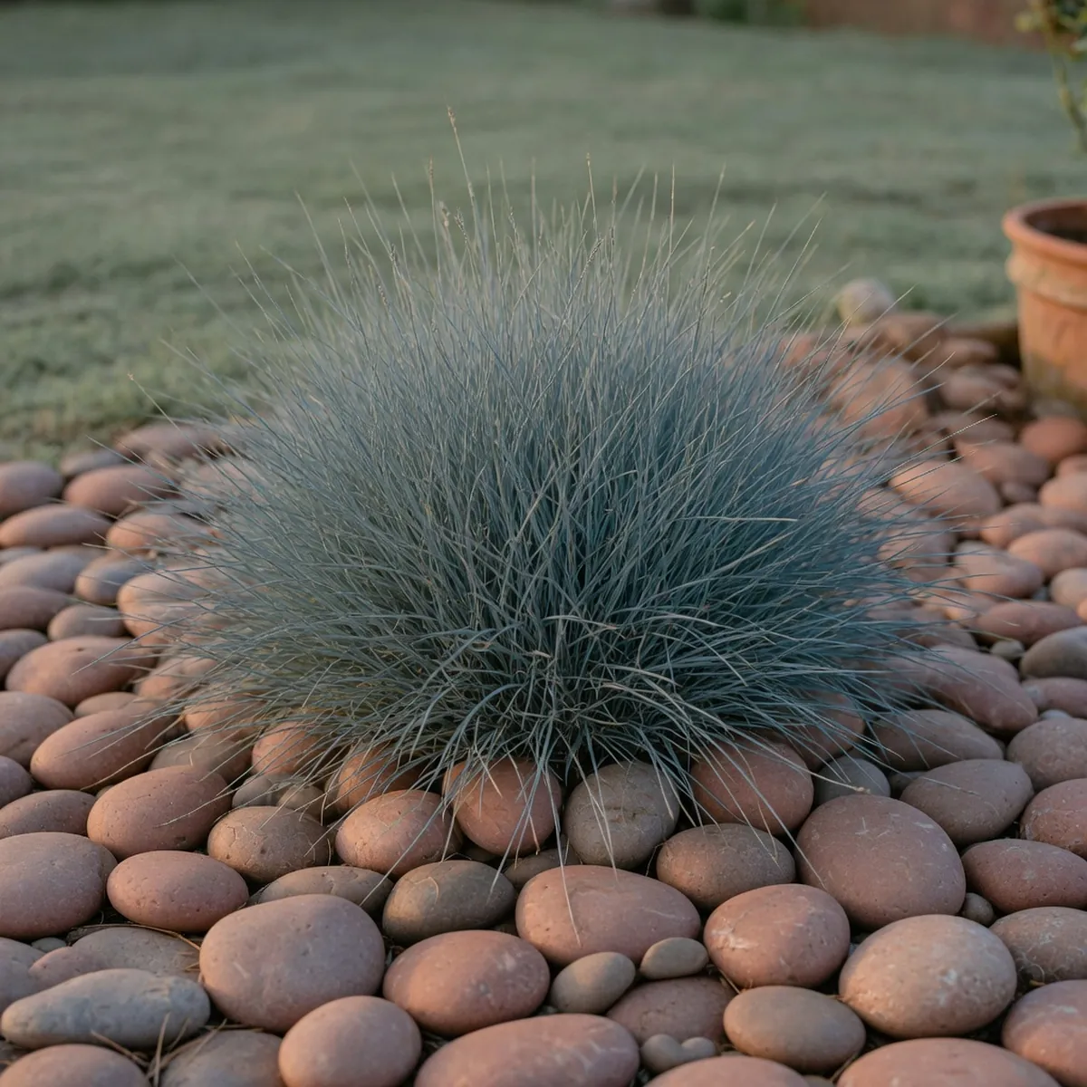 A tight cluster of fine, steel-blue grass blades forming a neat mound in a rock garden.