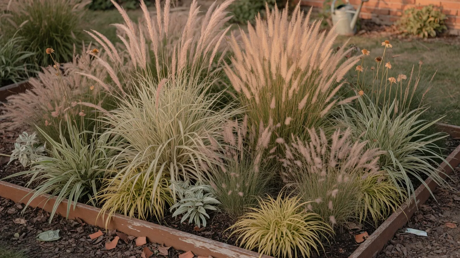 A lush garden bed filled with diverse ornamental grasses swaying gently in a soft breeze.