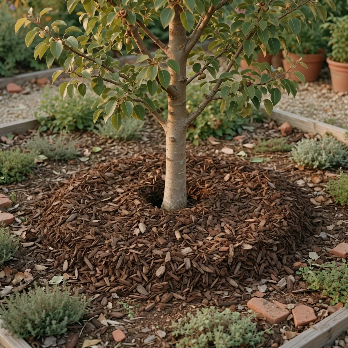 A ring of dark brown mulch spread evenly around the base of a young ornamental pear tree trunk.