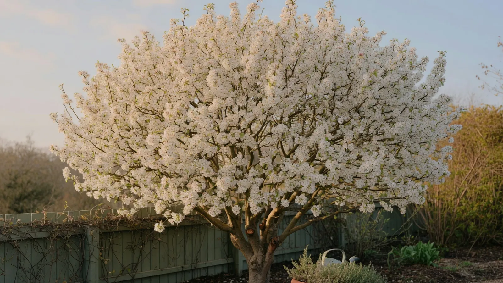 A mature ornamental pear tree displaying a dense canopy of delicate white spring blossoms.